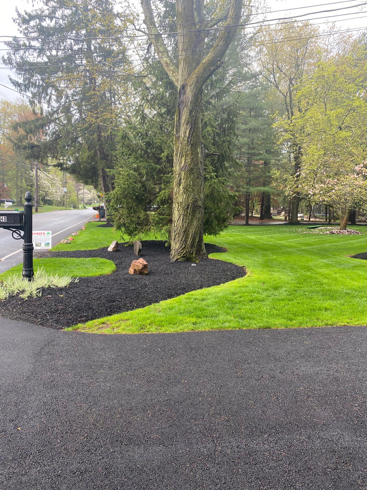 Mulch bed installation with clean lawn edging around tree